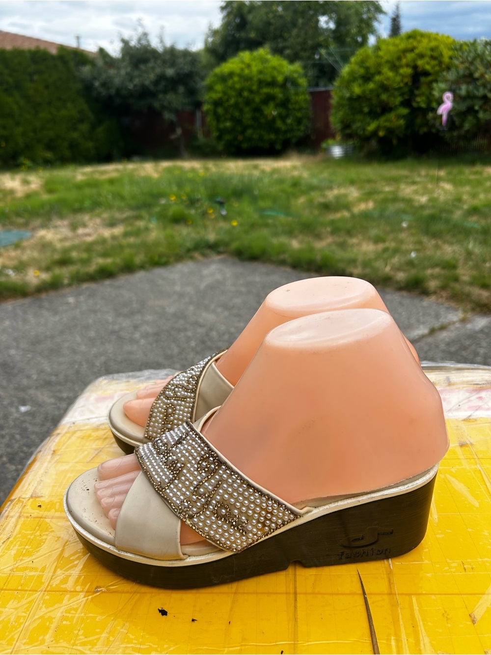 Lucky You Women’s Beige Embellished Wedge Slide Sandals Size 37/6.5US